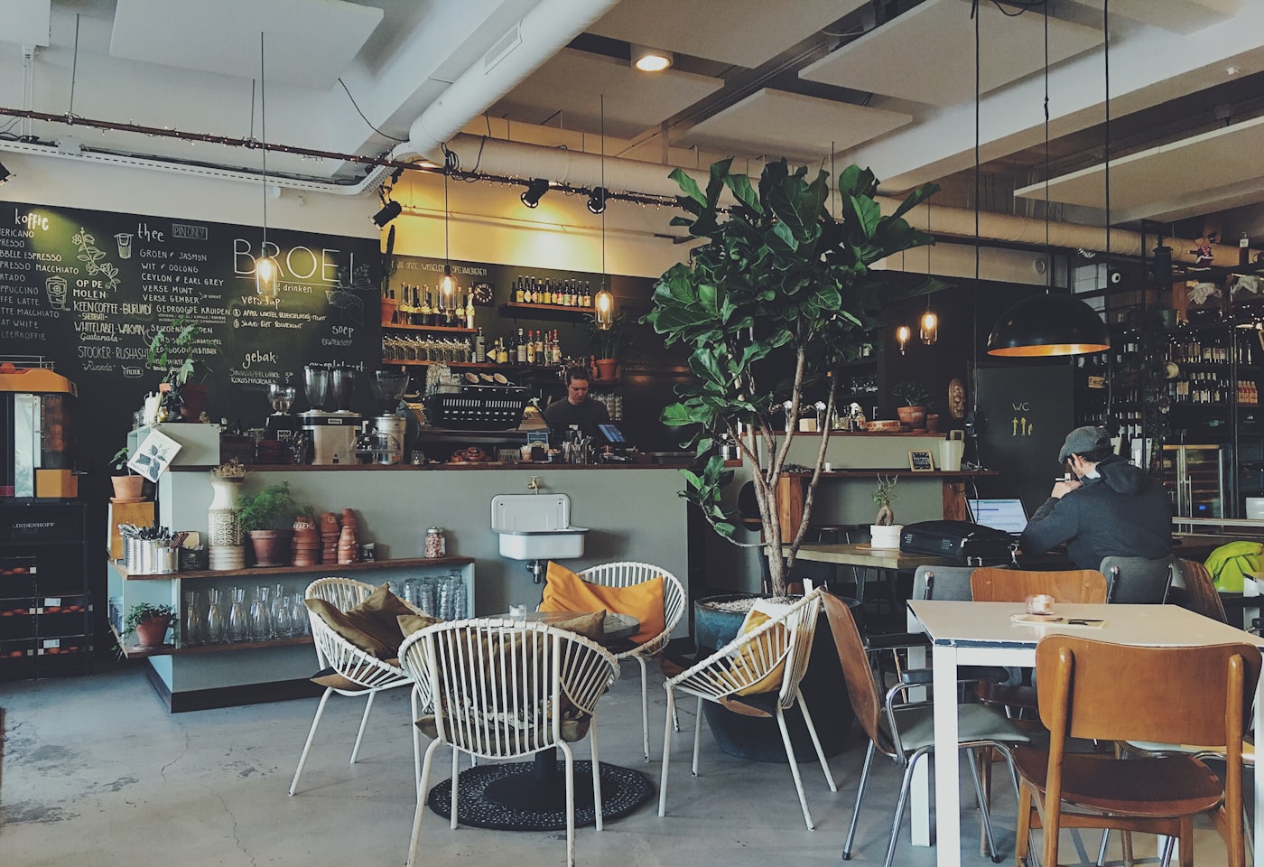Café seating with warm afternoon light
